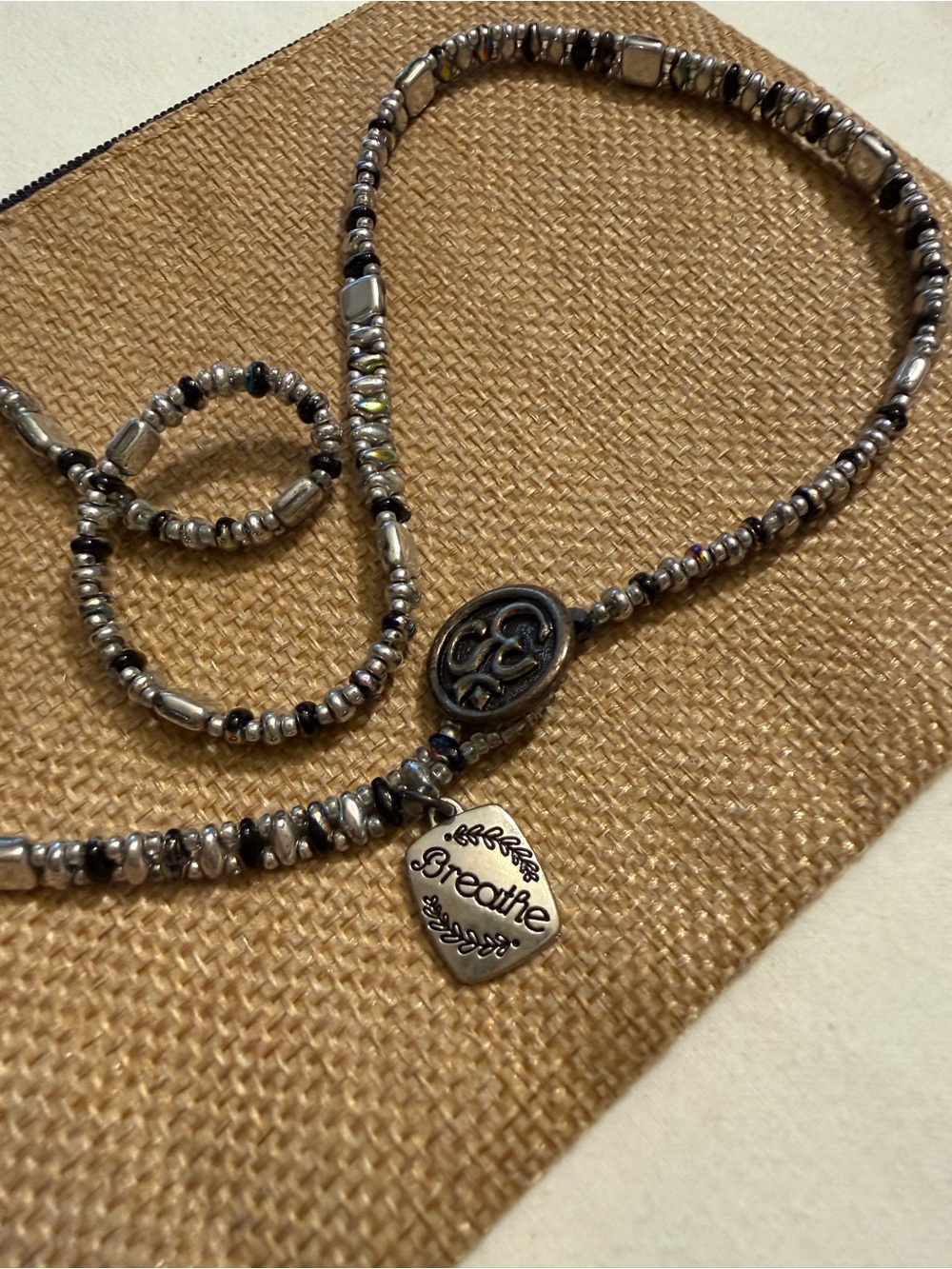 Breathe Silver-Tone Beaded Necklace or wrap bracelet with Inspirational Charm